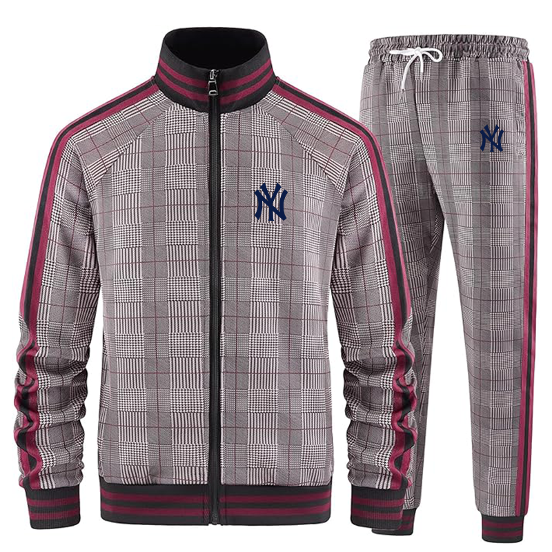 Men's New York NY Yankees Tracksuits Full-zip Long Sleeve Plaid Track Jackets and Pants 2 Piece