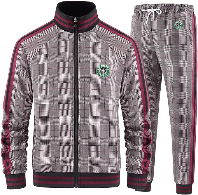 Men's Starbucks Coffee Tracksuits Full-zip Long Sleeve Plaid Track Jackets and Pants 2 Piece