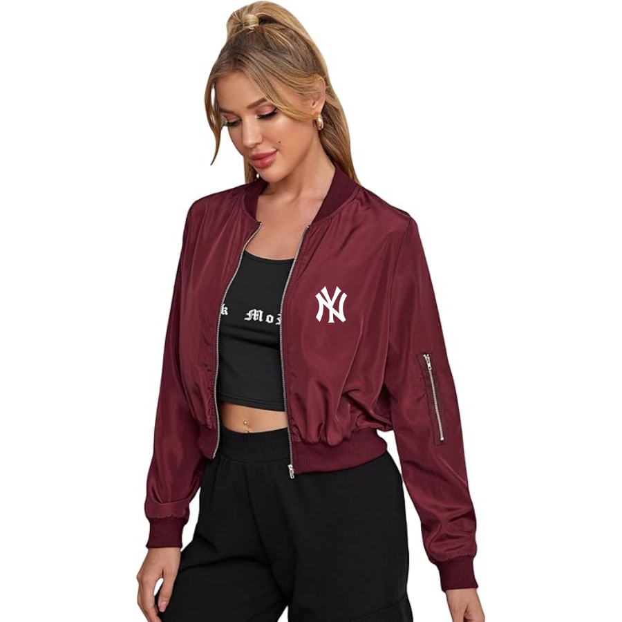 Women's New York NY Yankees Lightweight Bomber Biker Jacket Zip up Windbreaker Crop Bomber Jacket Coat
