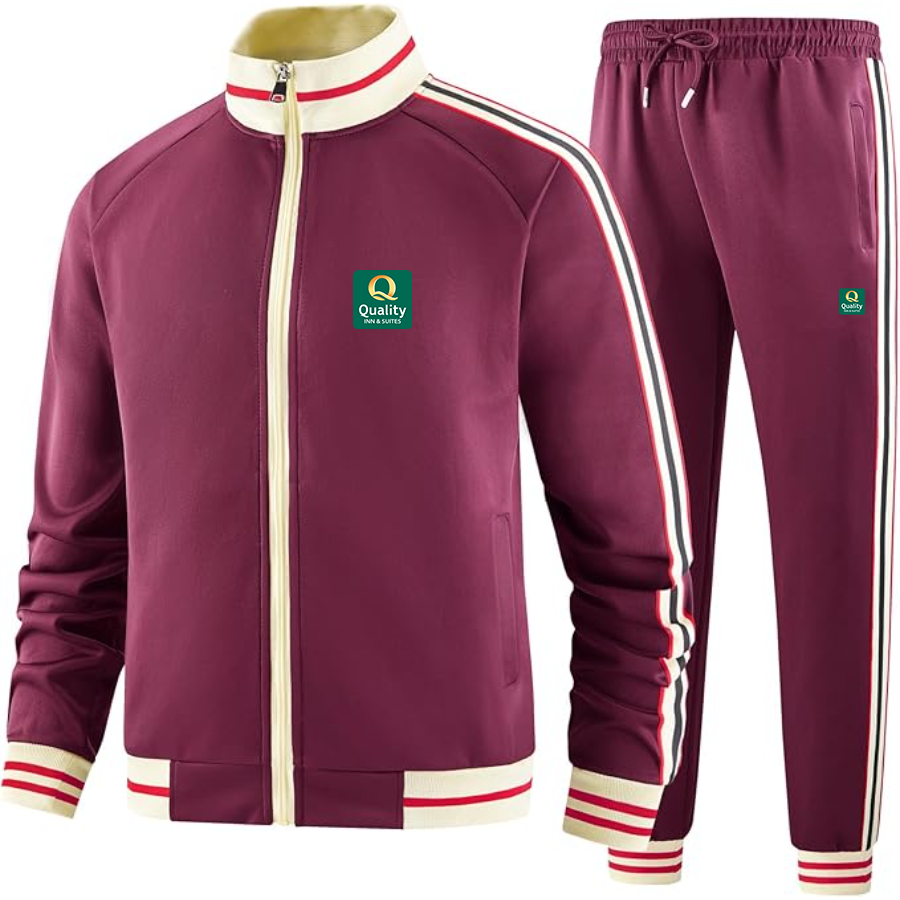 Men's Quality Inn & Suites Premium Two-Piece Designer Tracksuit with Bold Striped Accents and Zippered Front Elevated Athletic Wear