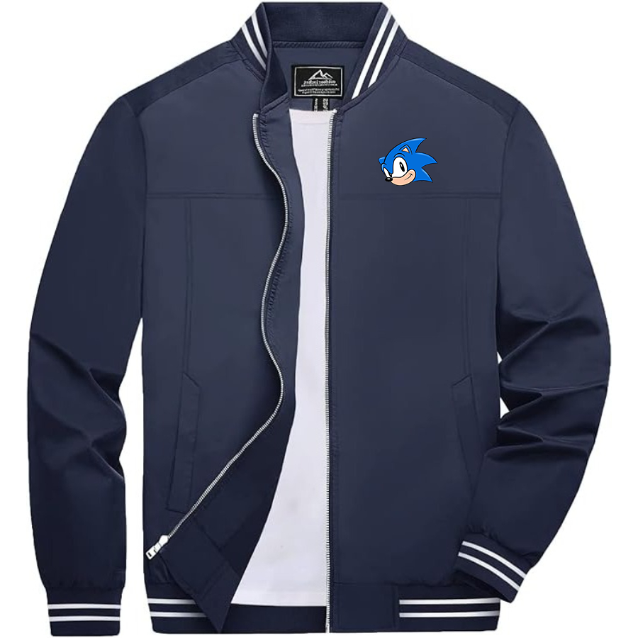 Men's Sonic the Hedgehog Lightweight Zip-Up Bomber Jacket with Ribbed Collar and Cuffs Versatile Casual Outerwear