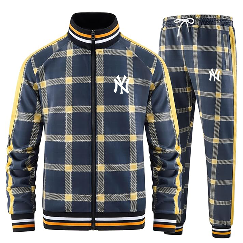 Men's New York NY Yankees Tracksuits Full-zip Long Sleeve Plaid Track Jackets and Pants 2 Piece