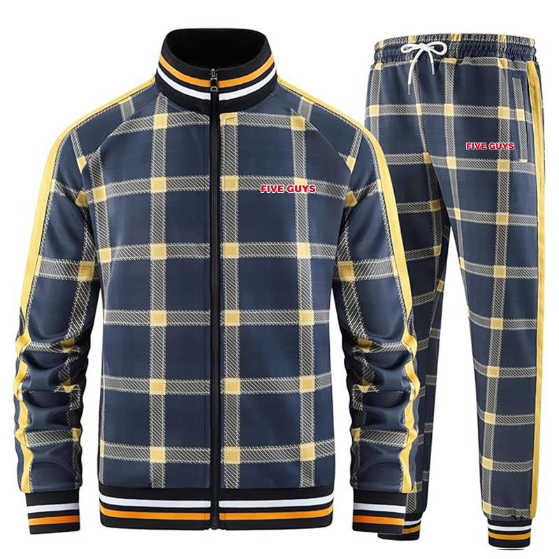 Men's Five Guys Tracksuits Full-zip Long Sleeve Plaid Track Jackets and Pants 2 Piece