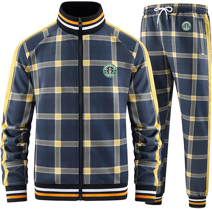 Men's Starbucks Coffee Tracksuits Full-zip Long Sleeve Plaid Track Jackets and Pants 2 Piece