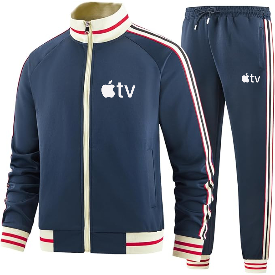 Men's Apple TV Two-Piece Designer Tracksuit with Bold Striped Accents and Zippered Front Elevated Athletic Wear