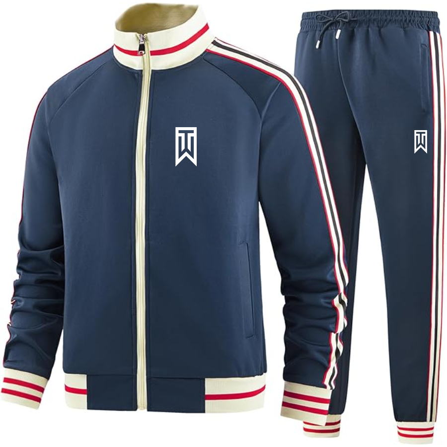 Men's Tiger Woods Premium Two-Piece Designer Tracksuit with Bold Striped Accents and Zippered Front Elevated Athletic Wear