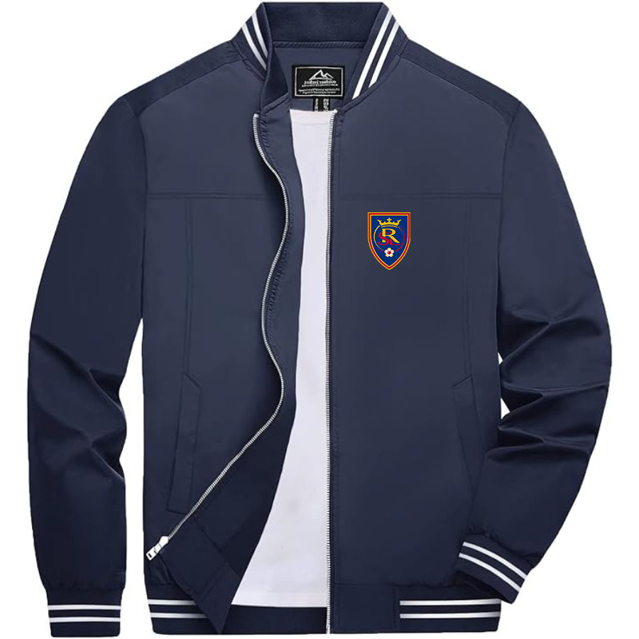Men's Real Salt Lake Soccer Lightweight Zip-Up Bomber Jacket with Ribbed Collar and Cuffs Versatile Casual Outerwear
