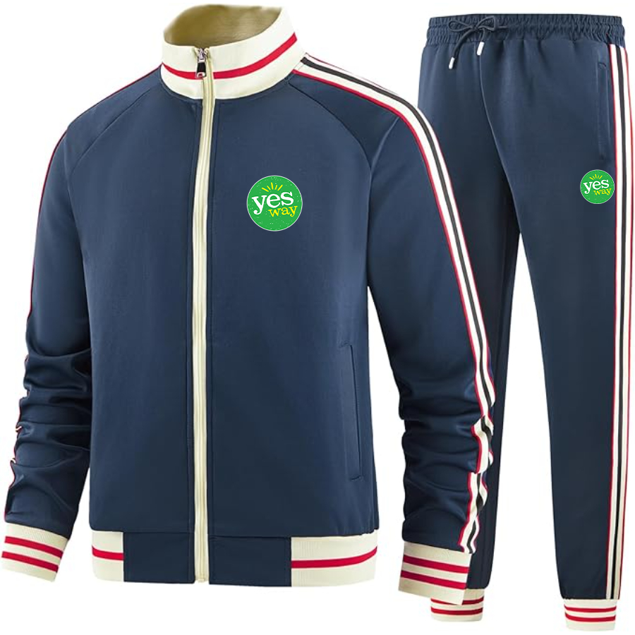 Men's Yes Way Two-Piece Designer Tracksuit with Bold Striped Accents and Zippered Front Elevated Athletic Wear