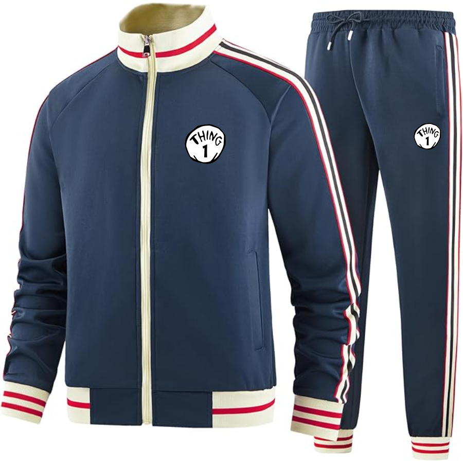 Men's Dr. Suess Thing 1 Premium Two-Piece Designer Tracksuit with Bold Striped Accents and Zippered Front Elevated Athletic Wear