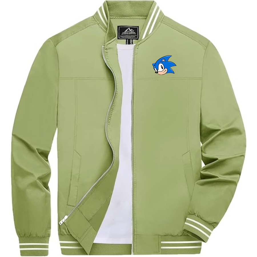Men's Sonic the Hedgehog Lightweight Zip-Up Bomber Jacket with Ribbed Collar and Cuffs Versatile Casual Outerwear