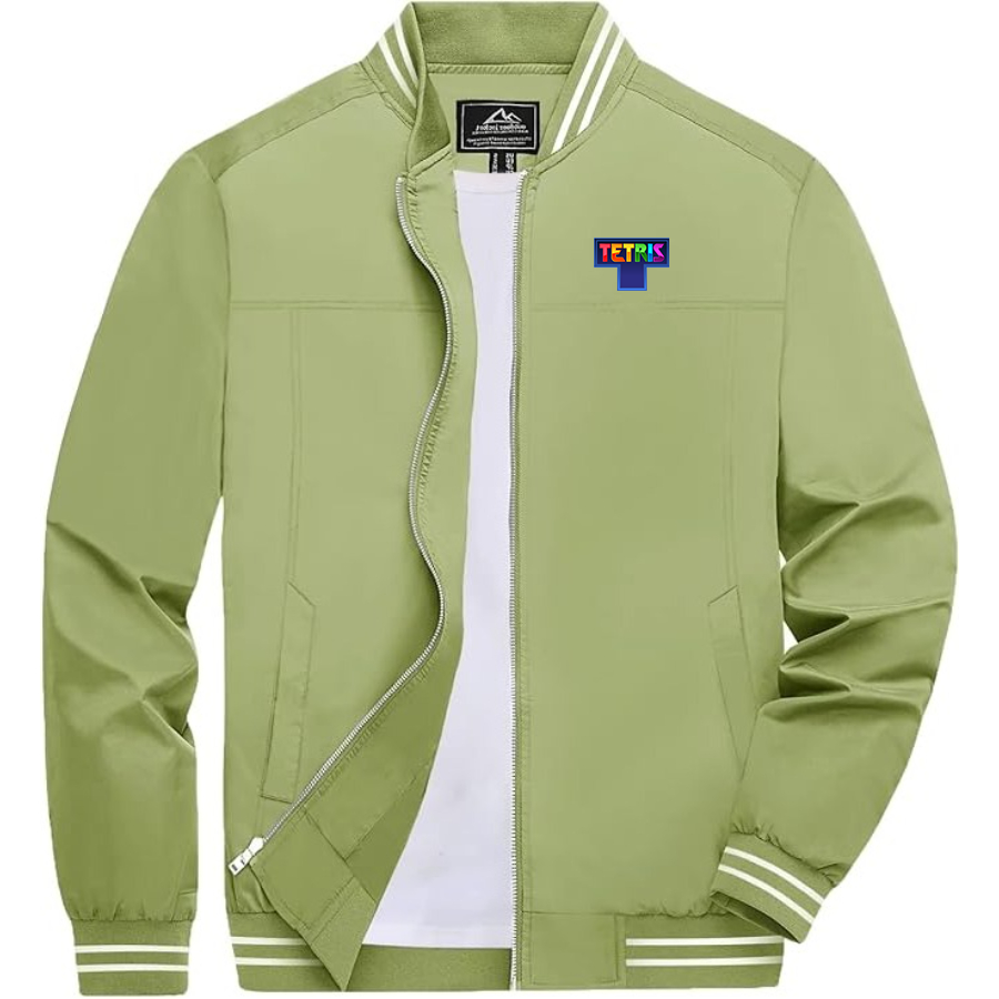 Men's Tetris Lightweight Zip-Up Bomber Jacket with Ribbed Collar and Cuffs Versatile Casual Outerwear