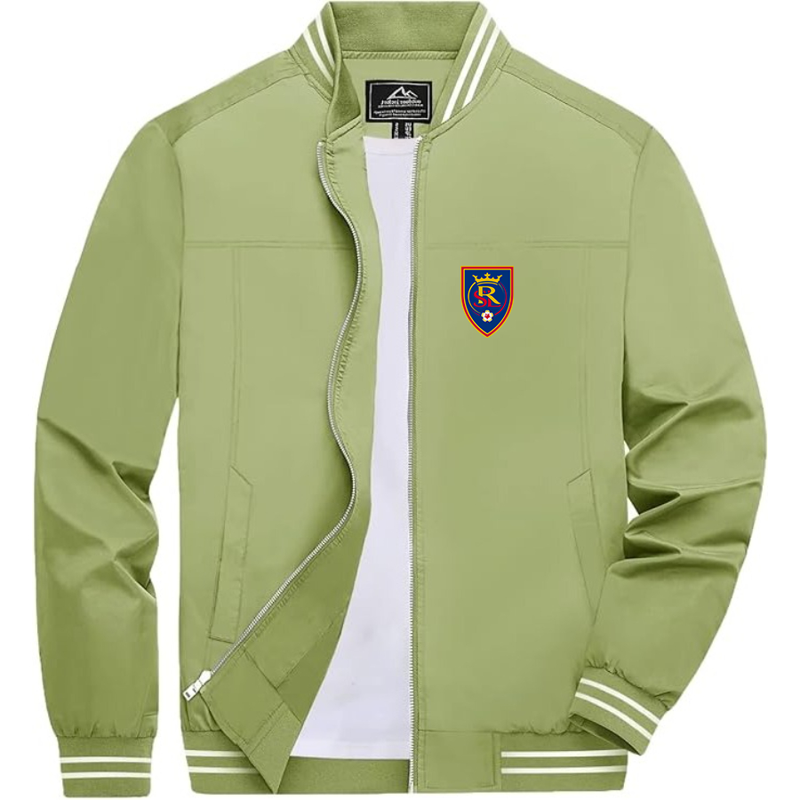 Men's Real Salt Lake Soccer Lightweight Zip-Up Bomber Jacket with Ribbed Collar and Cuffs Versatile Casual Outerwear