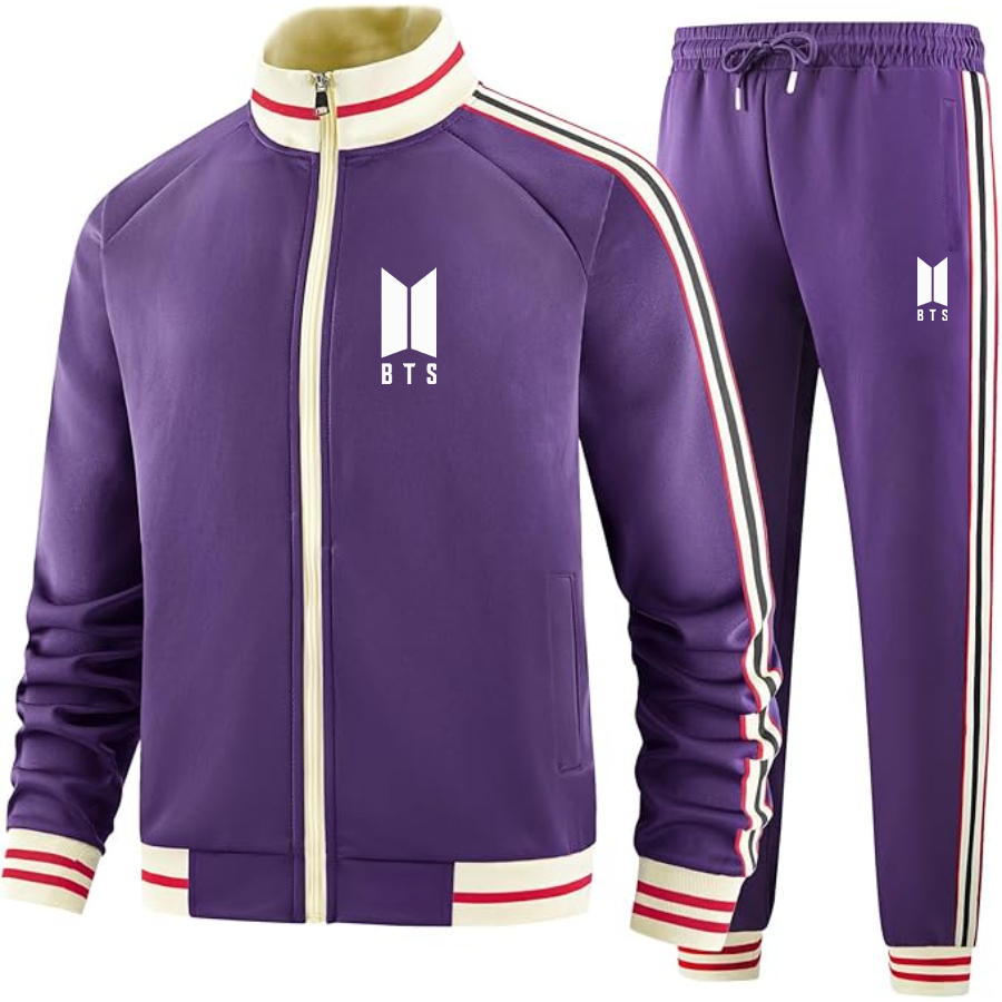 Men's BTS Two-Piece Designer Tracksuit with Bold Striped Accents and Zippered Front Elevated Athletic Wear