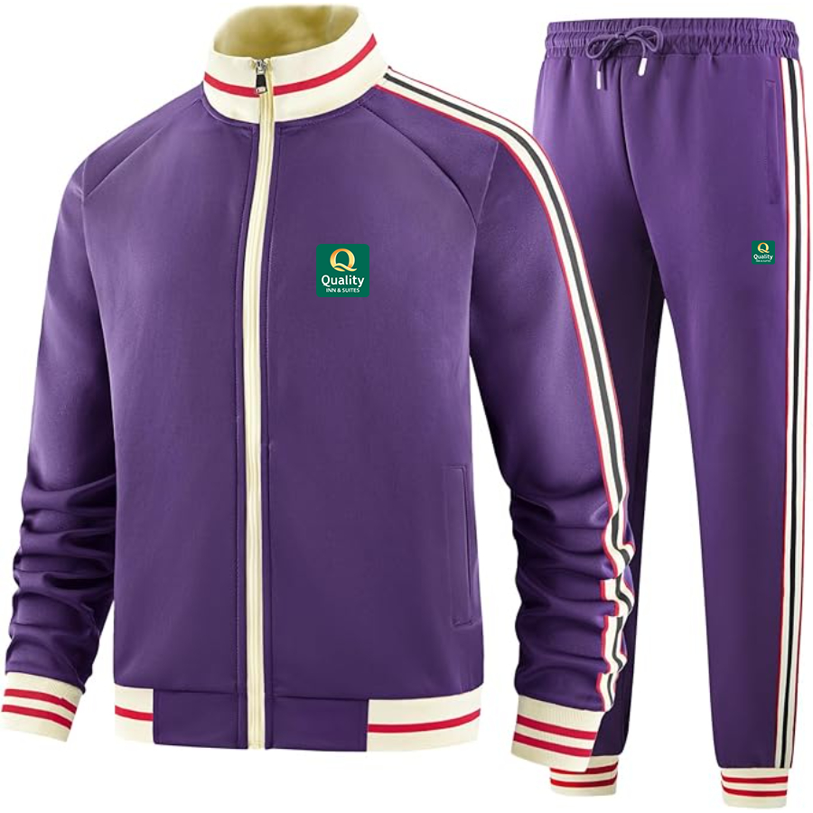 Men's Quality Inn & Suites Premium Two-Piece Designer Tracksuit with Bold Striped Accents and Zippered Front Elevated Athletic Wear
