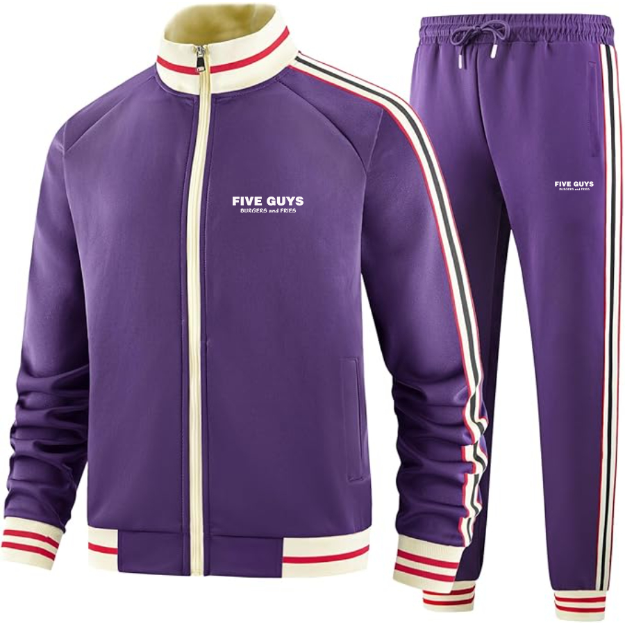 Men's Five Guys Premium Two-Piece Designer Tracksuit with Bold Striped Accents and Zippered Front Elevated Athletic Wear
