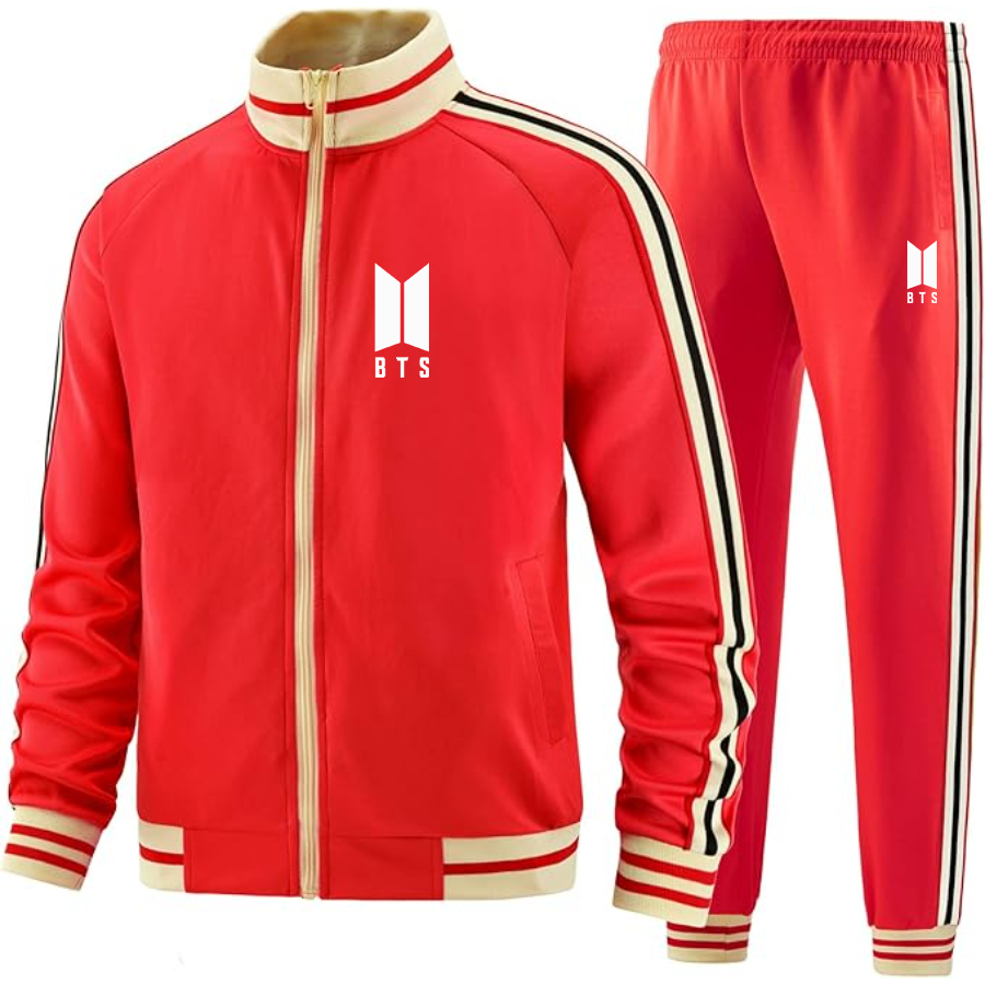 Men's BTS Two-Piece Designer Tracksuit with Bold Striped Accents and Zippered Front Elevated Athletic Wear