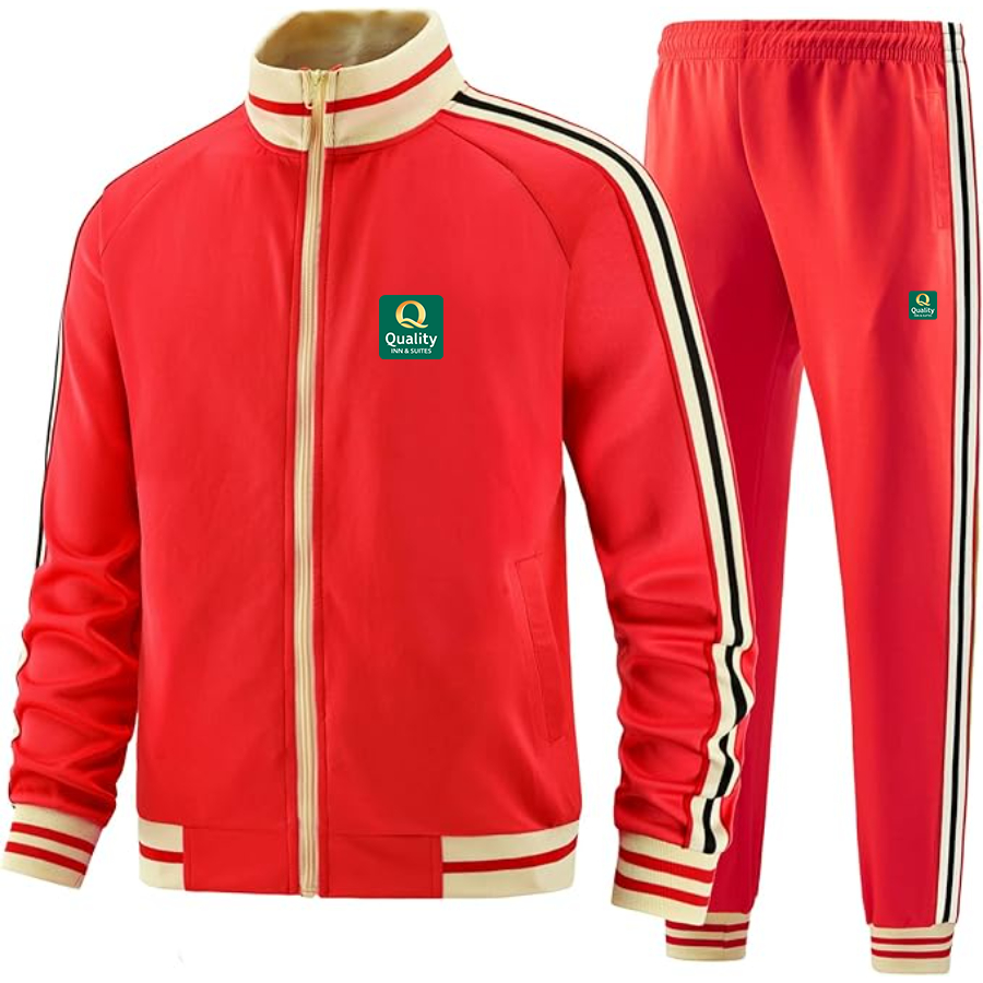 Men's Quality Inn & Suites Premium Two-Piece Designer Tracksuit with Bold Striped Accents and Zippered Front Elevated Athletic Wear
