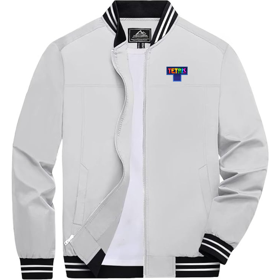 Men's Tetris Lightweight Zip-Up Bomber Jacket with Ribbed Collar and Cuffs Versatile Casual Outerwear
