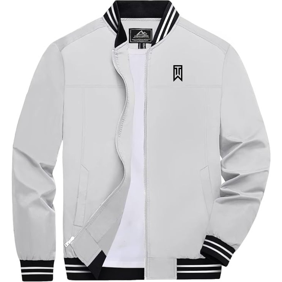 Men's Tiger Woods Lightweight Zip-Up Bomber Jacket with Ribbed Collar and Cuffs Versatile Casual Outerwear