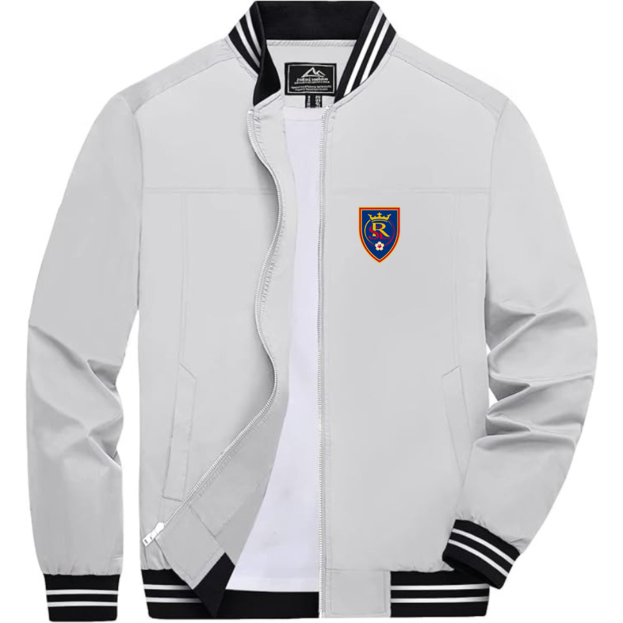 Men's Real Salt Lake Soccer Lightweight Zip-Up Bomber Jacket with Ribbed Collar and Cuffs Versatile Casual Outerwear