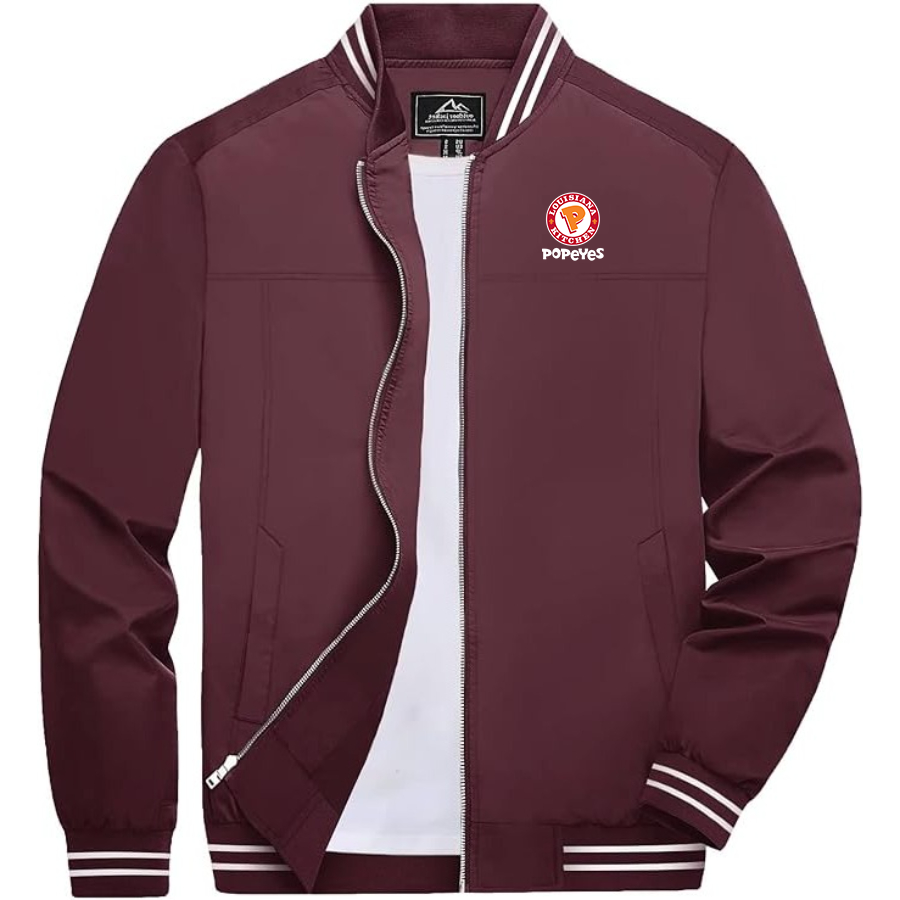 Men's Popeyes Louisiana Kitchen Lightweight Zip-Up Bomber Jacket with Ribbed Collar and Cuffs Versatile Casual Outerwear