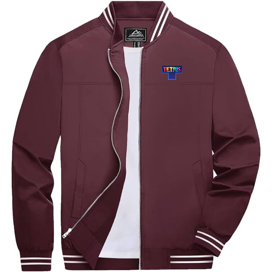 Men's Tetris Lightweight Zip-Up Bomber Jacket with Ribbed Collar and Cuffs Versatile Casual Outerwear