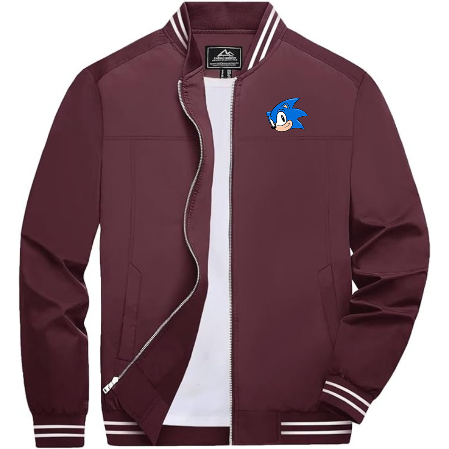 Men's Sonic the Hedgehog Lightweight Zip-Up Bomber Jacket with Ribbed Collar and Cuffs Versatile Casual Outerwear