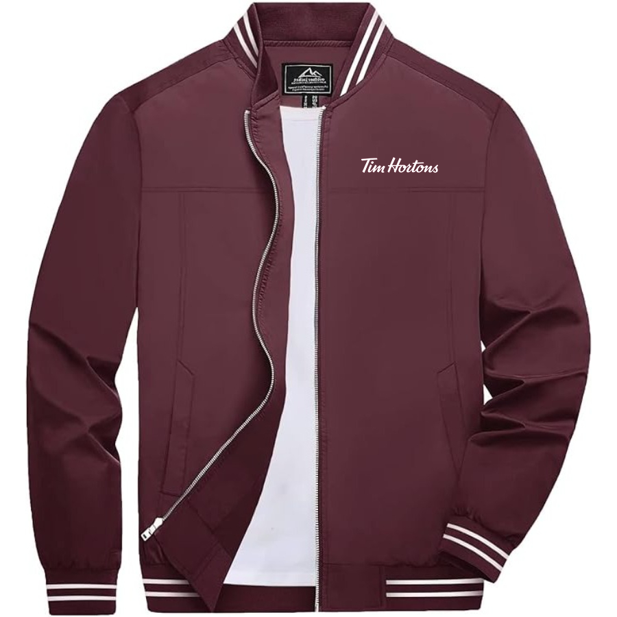 Men's Tim Hortons Lightweight Zip-Up Bomber Jacket with Ribbed Collar and Cuffs Versatile Casual Outerwear