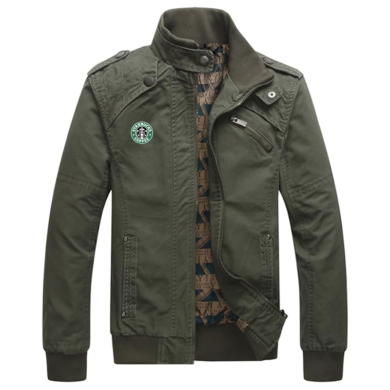Men's  Starbucks Coffee Dwar Casual Washed Cotton Military Outdoor Jackets with Shoulder Straps