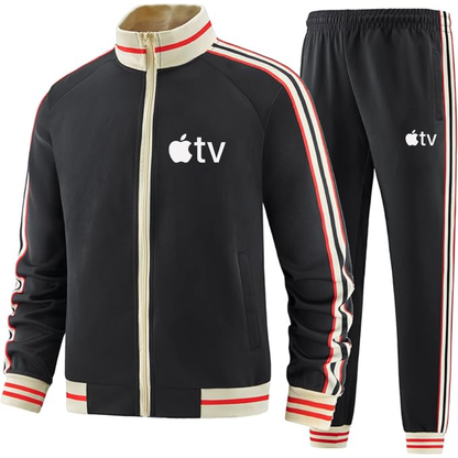 Men's Apple TV Two-Piece Designer Tracksuit with Bold Striped Accents and Zippered Front Elevated Athletic Wear