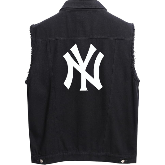 Men's New York NY Yankees Sleeveless Distressed Denim Vest  Rugged Black Jean Jacket
