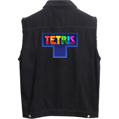 Men's Tetris Sleeveless Distressed Denim Vest  Rugged Black Jean Jacket