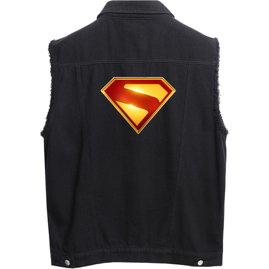 Men's Superman 2025 Sleeveless Distressed Denim Vest  Rugged Black Jean Jacket