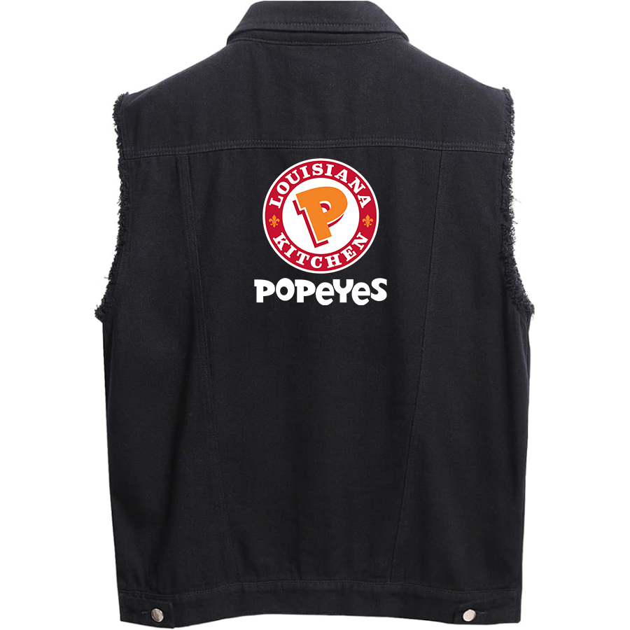 Men's Popeyes Louisiana Kitchen  Sleeveless Distressed Denim Vest  Rugged Black Jean Jacket