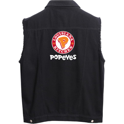 Men's Popeyes Louisiana Kitchen  Sleeveless Distressed Denim Vest  Rugged Black Jean Jacket