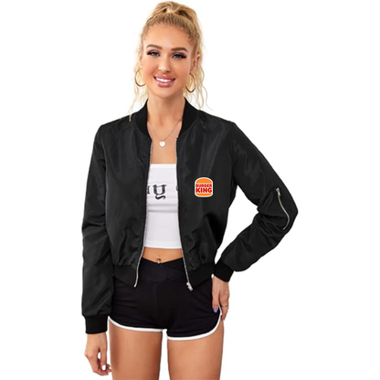 Women's Burger King Lightweight Bomber Biker Jacket Zip up Windbreaker Crop Bomber Jacket Coat