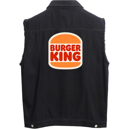 Men's Burger King Sleeveless Distressed Denim Vest  Rugged Black Jean Jacket