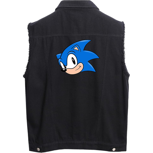 Men's Sonic the Hedgehog  Sleeveless Distressed Denim Vest  Rugged Black Jean Jacket