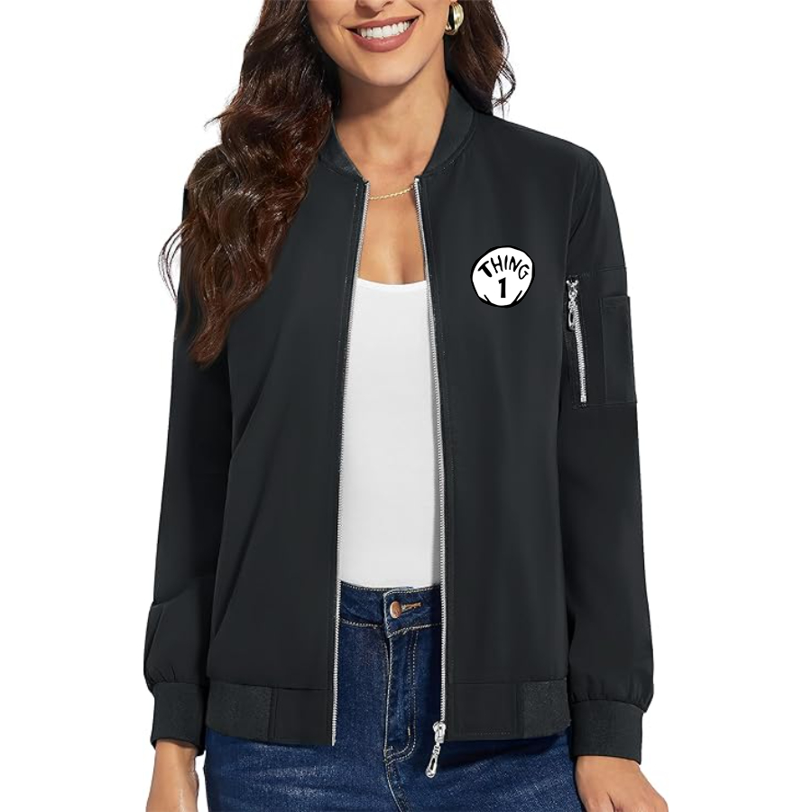 Women's Dr. Suess Thing 1 Premium Bomber Jacket with Polished Detailing and Functional Sleeve Pocket Modern Luxury Outerwear