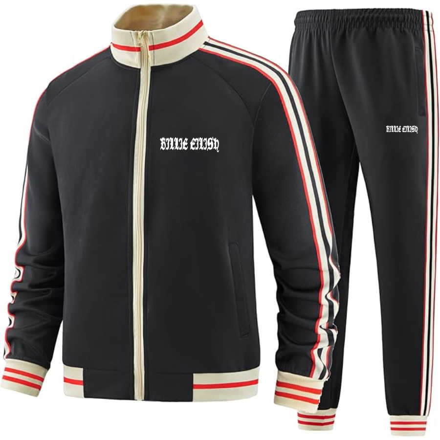 Men's Billie Eilish Two-Piece Designer Tracksuit with Bold Striped Accents and Zippered Front Elevated Athletic Wear