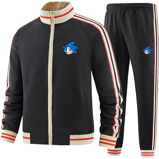 Men's Sonic the Hedgehog Premium Two-Piece Designer Tracksuit with Bold Striped Accents and Zippered Front Elevated Athletic Wear