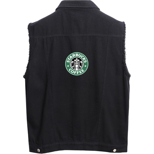 Men's  Starbucks Coffee Sleeveless Distressed Denim Vest  Rugged Black Jean Jacket