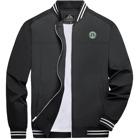 Men's  Starbucks Coffee Lightweight Zip-Up Bomber Jacket with Ribbed Collar and Cuffs Versatile Casual Outerwear