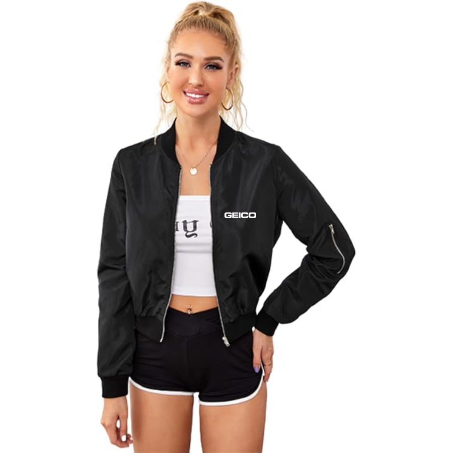 Women's Geico  Lightweight Bomber Biker Jacket Zip up Windbreaker Crop Bomber Jacket Coat