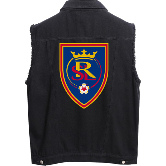 Men's Real Salt Lake Soccer Sleeveless Distressed Denim Vest  Rugged Black Jean Jacket