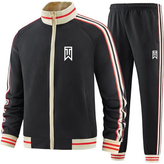 Men's Tiger Woods Premium Two-Piece Designer Tracksuit with Bold Striped Accents and Zippered Front Elevated Athletic Wear