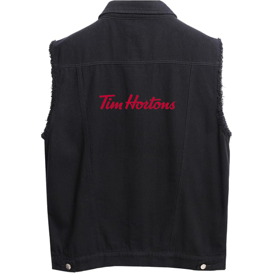 Men's Tim Hortons  Sleeveless Distressed Denim Vest  Rugged Black Jean Jacket
