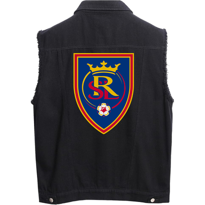 Men's Real Salt Lake Soccer Sleeveless Distressed Denim Vest  Rugged Black Jean Jacket