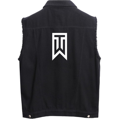 Men's Tiger Woods Sleeveless Distressed Denim Vest  Rugged Black Jean Jacket