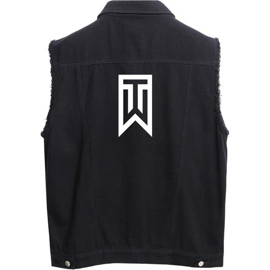 Men's Tiger Woods Sleeveless Distressed Denim Vest  Rugged Black Jean Jacket